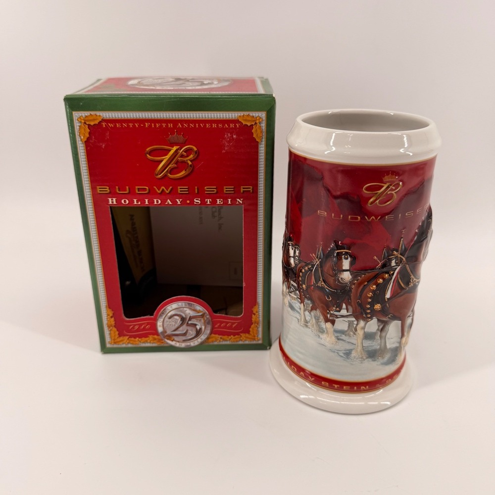 Budweiser Holiday Stein 2004 Red 25th Anniversary Clydesdales CS608 Ceramarte